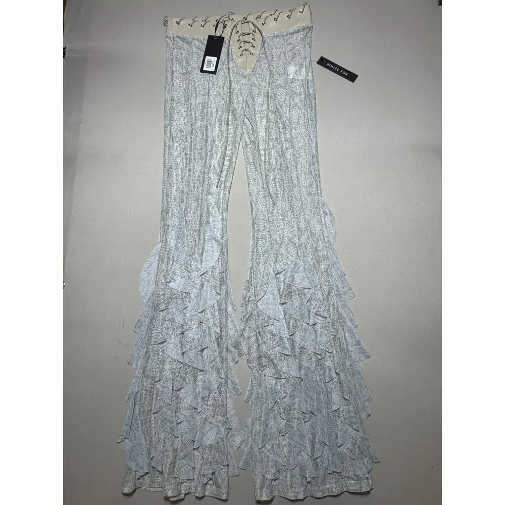 NWT White Fox In Your Glow Pants Halo Mist Size M Sheer Mesh Ruffle Lace Up Y2K